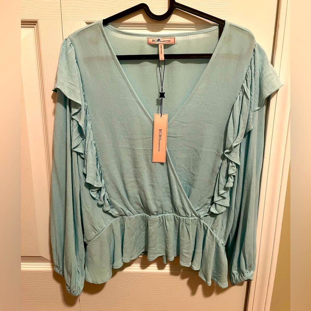 BCBGeneration Baby Blue Wrap‎ Blouse Size Large Ruffle NWT Lightweight